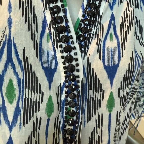 Chicos Womens Top Blouse runched sleeve White Blue Black Size 12 - Picture 7 of 7